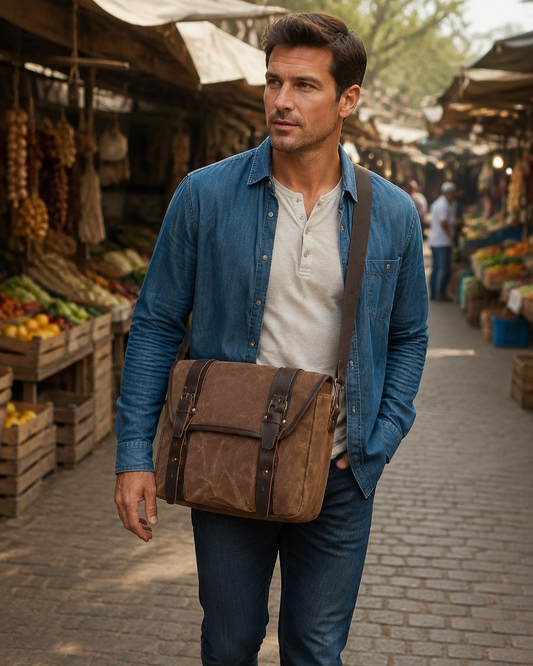 Woosir generated model 1 | waxed-canvas-messenger-bag-with-genuine-leather-waterproof