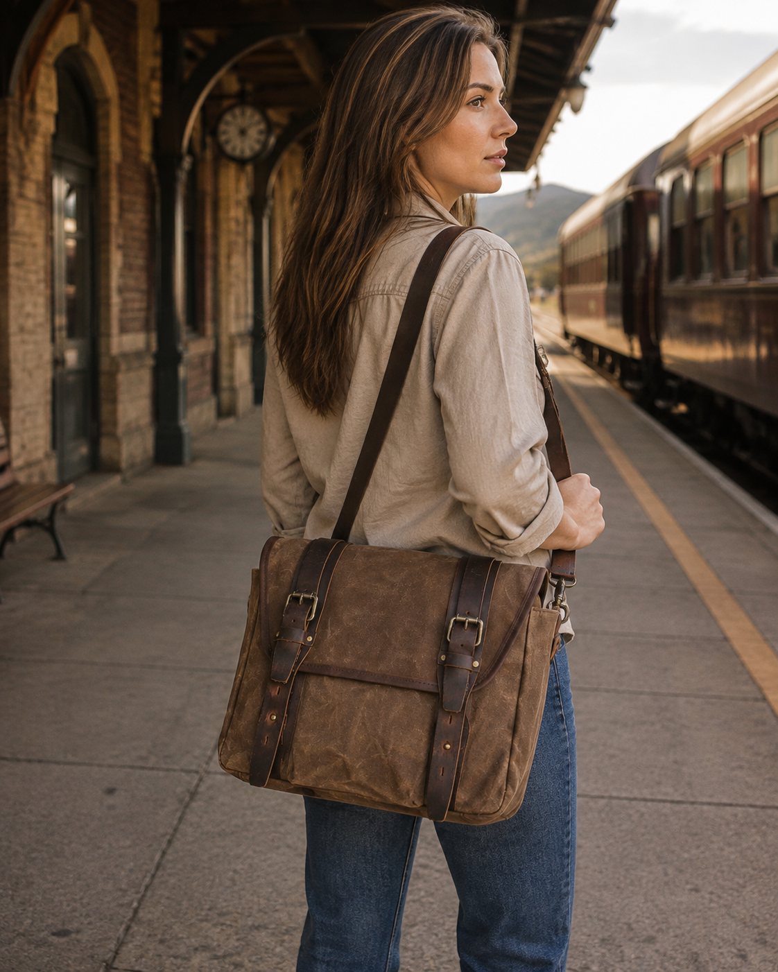 Woosir generated model 2 | waxed-canvas-messenger-bag-with-genuine-leather-waterproof