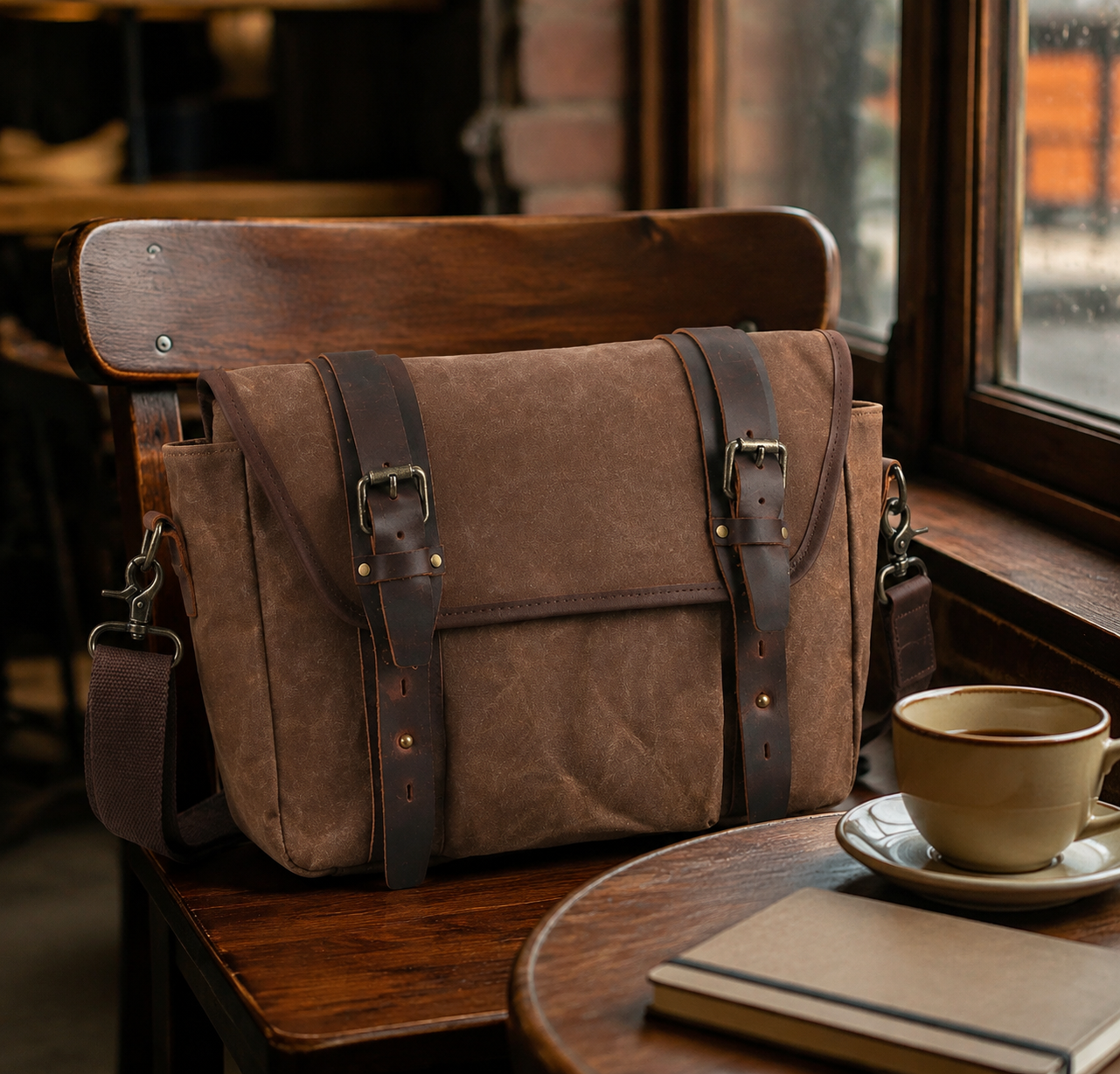 Woosir generated scene 2 | waxed-canvas-messenger-bag-with-genuine-leather-waterproof