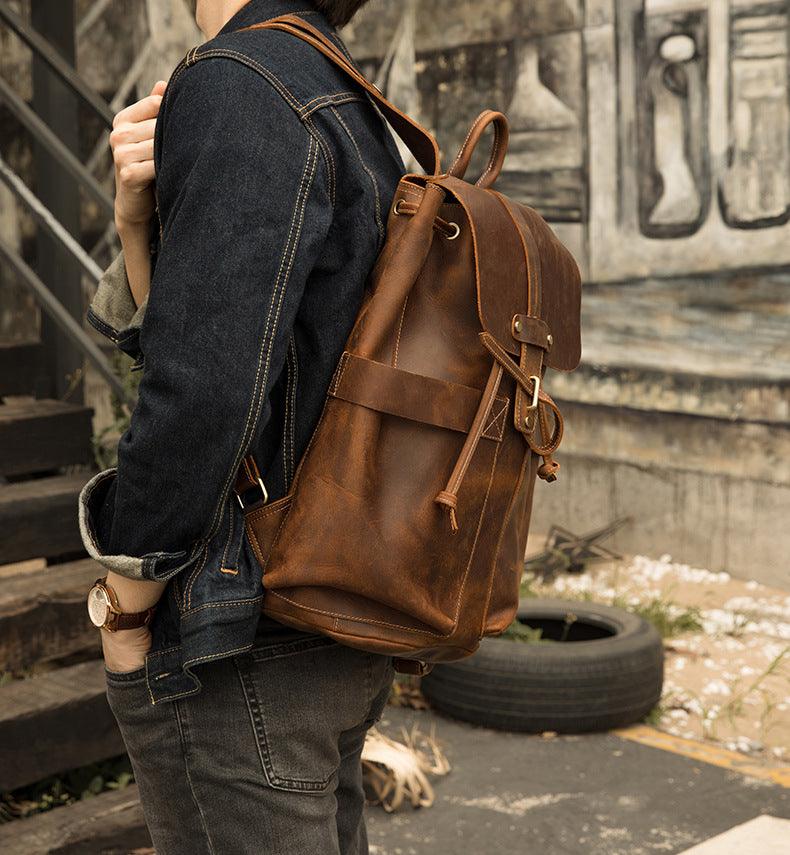 cute vintage leather backpacks Vintage Small Leather Backpack Drawstring