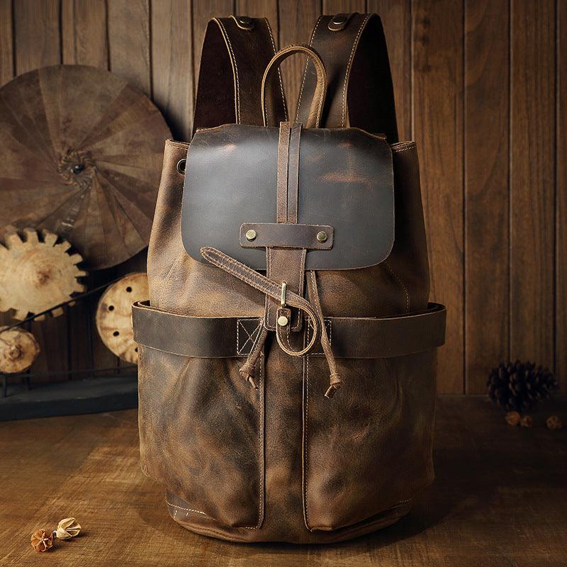 Vintage Small Leather Backpack Drawstring - Main Image