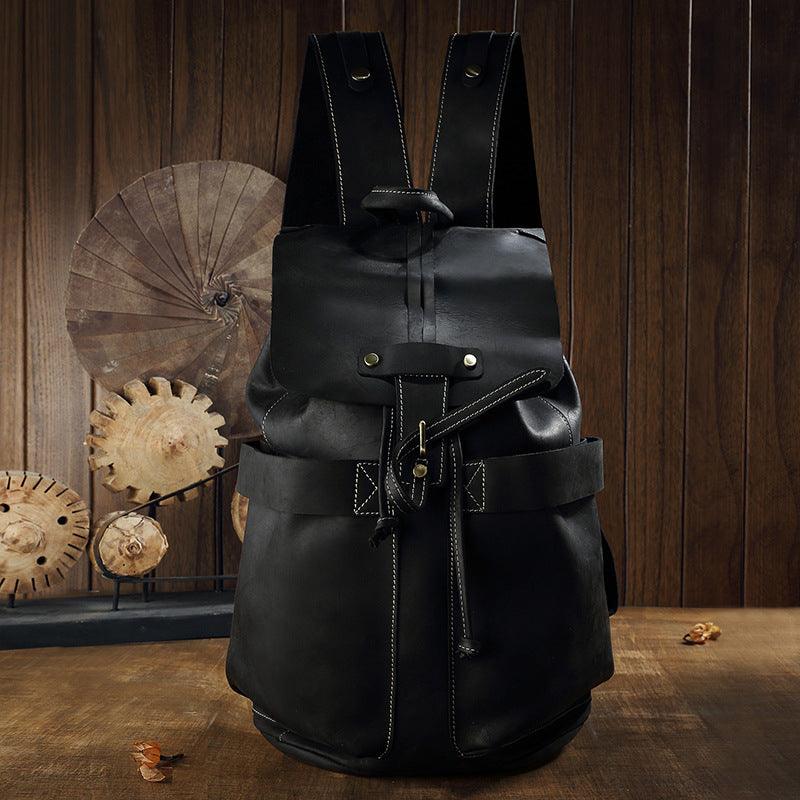 black mini leather backpack Vintage Small Leather Backpack Drawstring, Black / L
