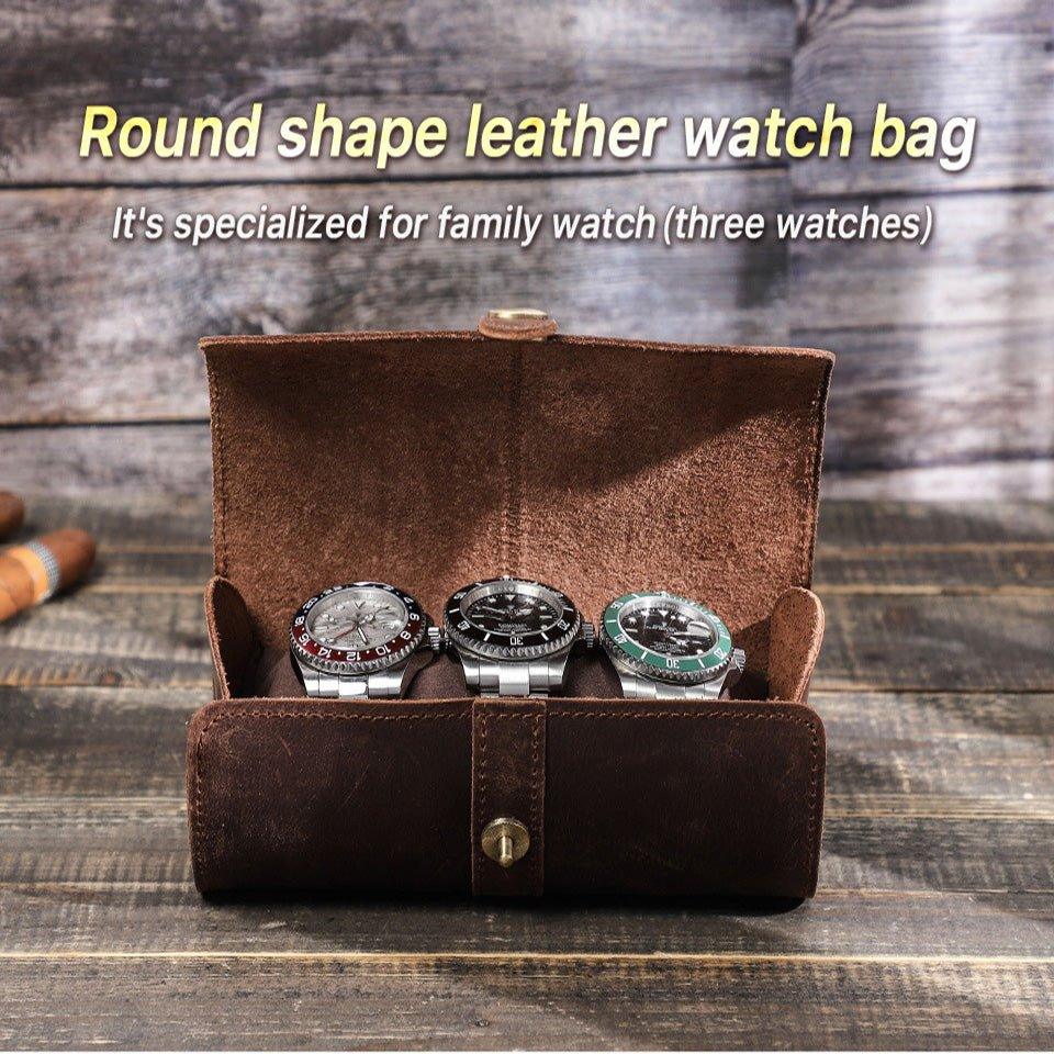 Woosir Round Shape Leather Watch Roll Case for 3 Watches - Woosir