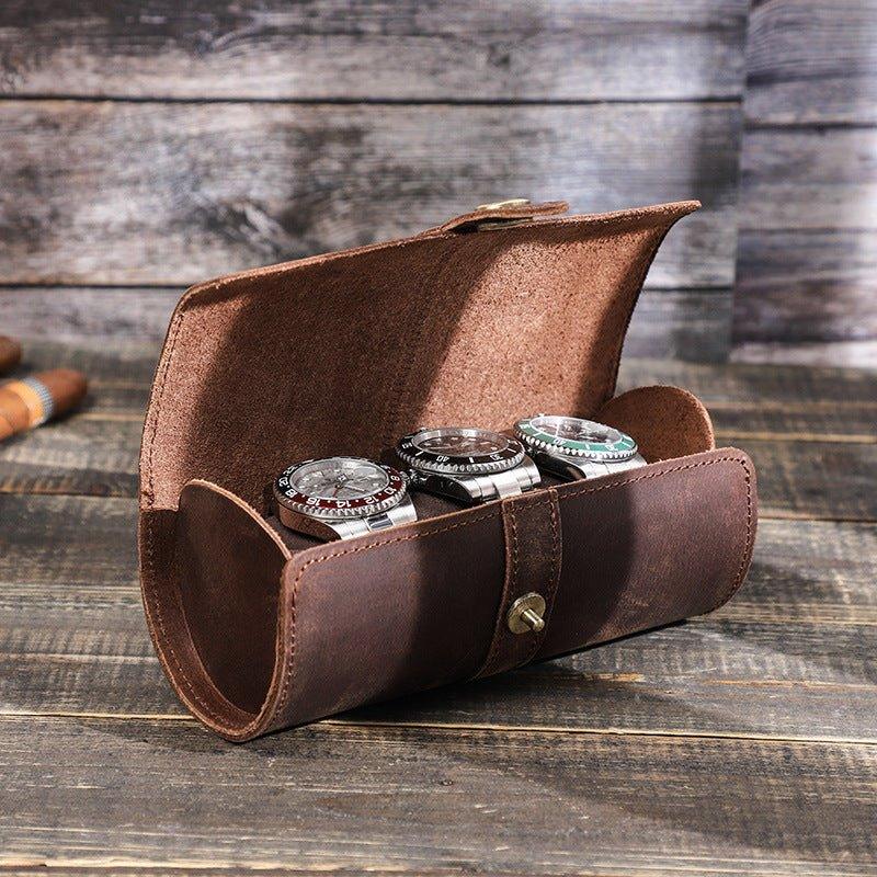 Luxurious vintage watch roll travel case made from genuine leather