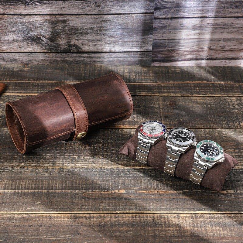 Woosir Round Shape Leather Watch Roll Case for 3 Watches - Woosir