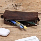 Cowhide Leather Zipper Pencil Pouches - Woosir