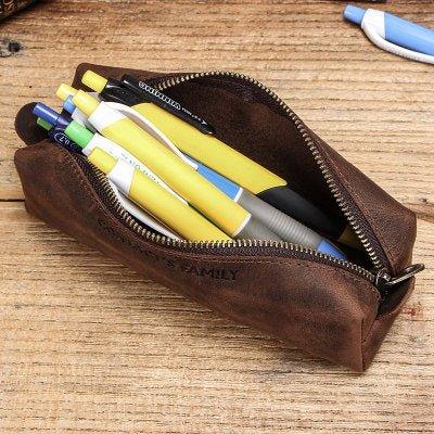 Cowhide Leather Zipper Pencil Pouches - Woosir
