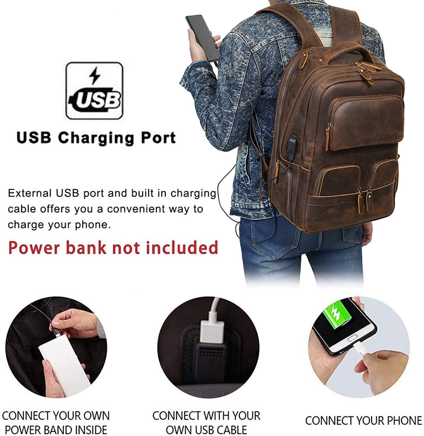 cutom mens leather backpack with charging station Crazy Horse EVEREST provides a separated space for your Laptop Men's Leather Designer Backpacks