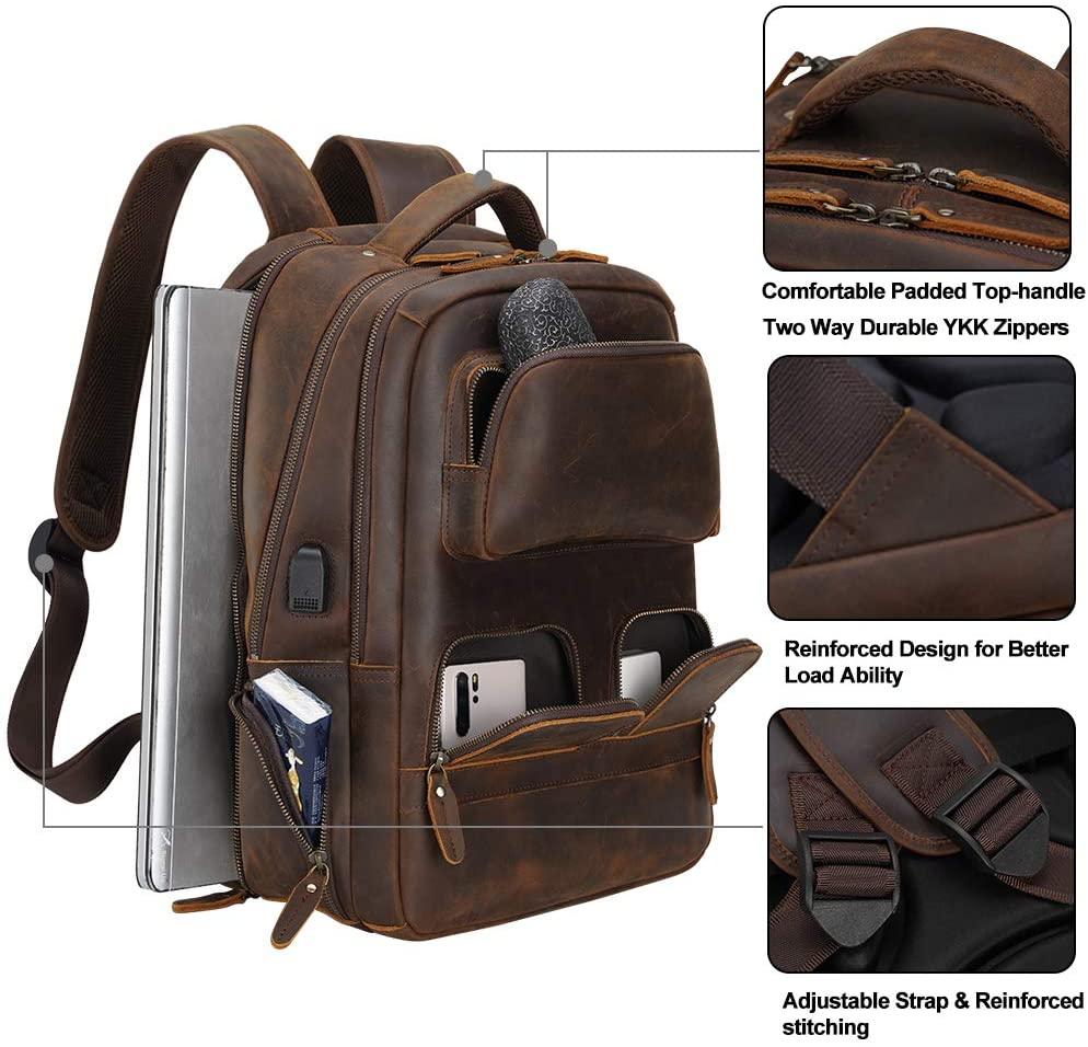 brown leather multi-pocket backpack diophy leather Mens Leather Backpack Multi Pocket