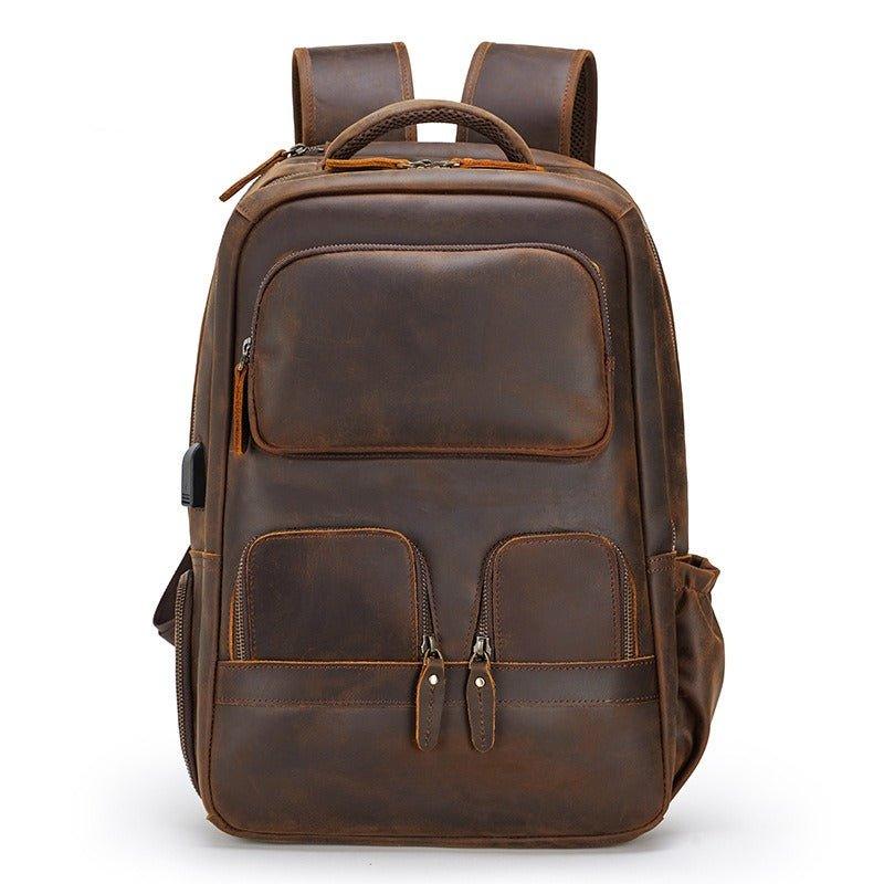 brown leather multi-pocket backpack diophy leather Mens Leather Backpack Multi Pocket