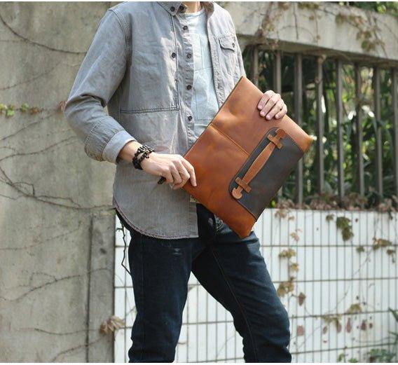 Mens Leather Clutch Bag with Wrist Strap, Brown