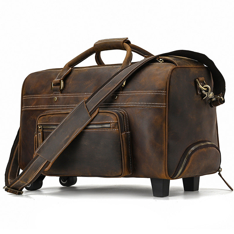 Mens Leather Duffle Bag on Wheels, Dark Brown