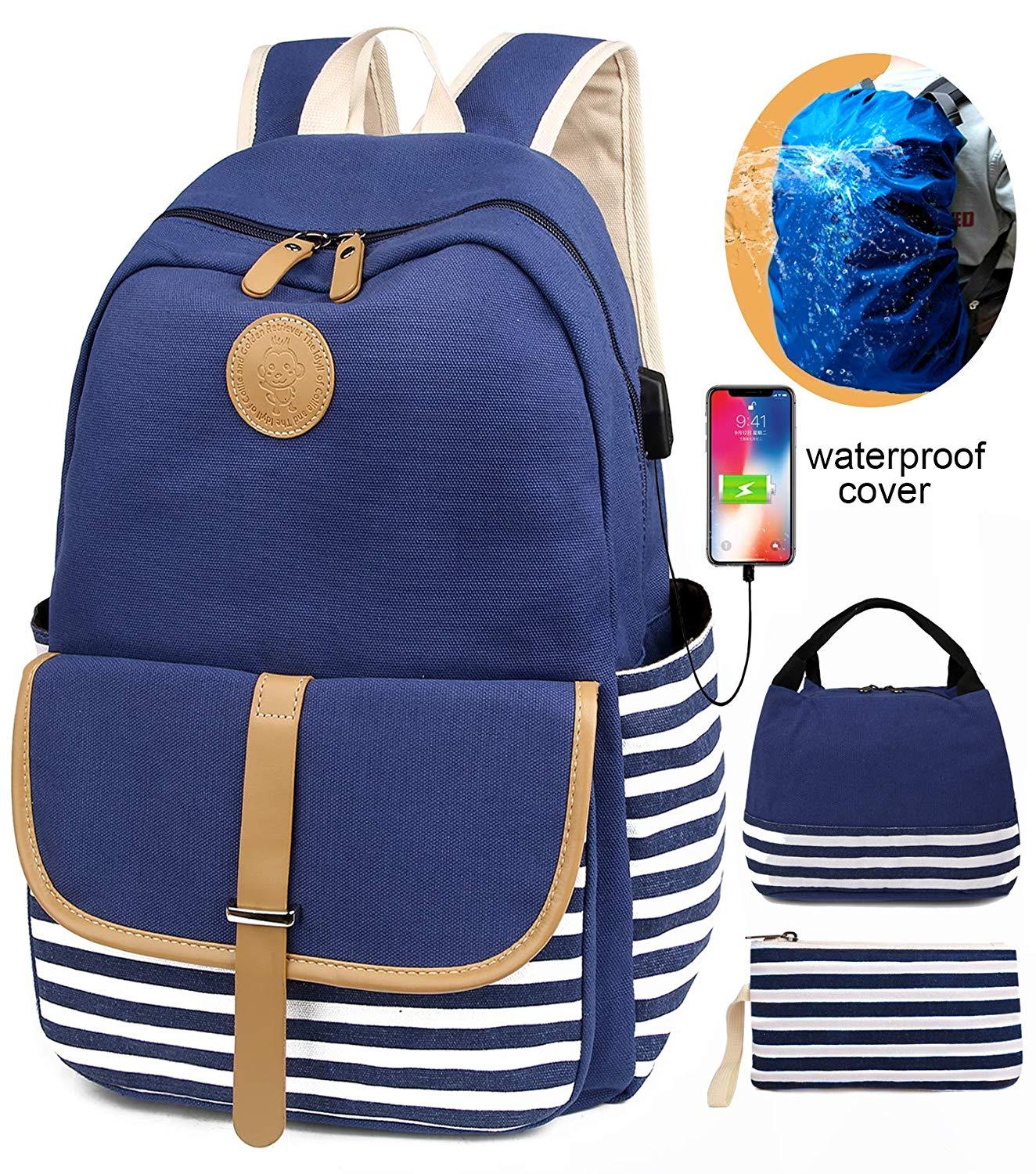 school backpack rain cover School Backpacks for Women with USB Port and Rain Cover, Blue