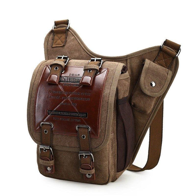 Men's Vintage Canvas and Leather Satchel School Military Shoulder Bag  Messenger - Brown 