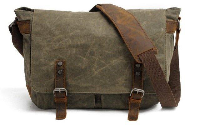 15.6 inch Genuine Leather Waterproof Vintage Waxed Canvas Mens Messenger Bag