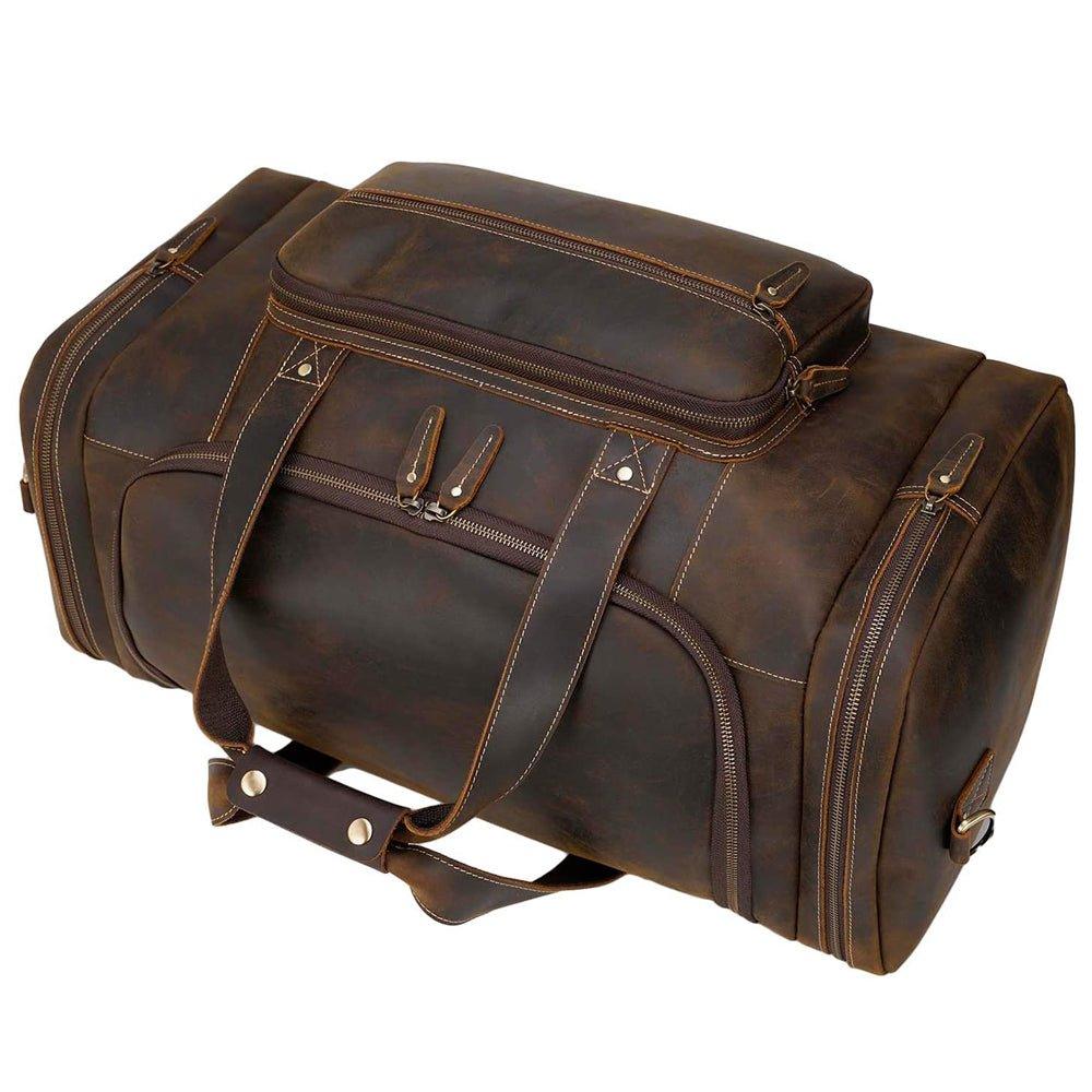 Brown Leather Duffle Bag with Front Pocket - Woosir