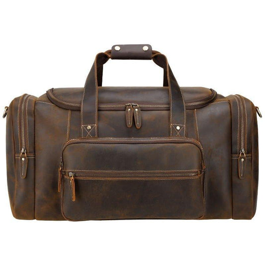 Brown Leather Duffle Bag with Front Pocket - Woosir