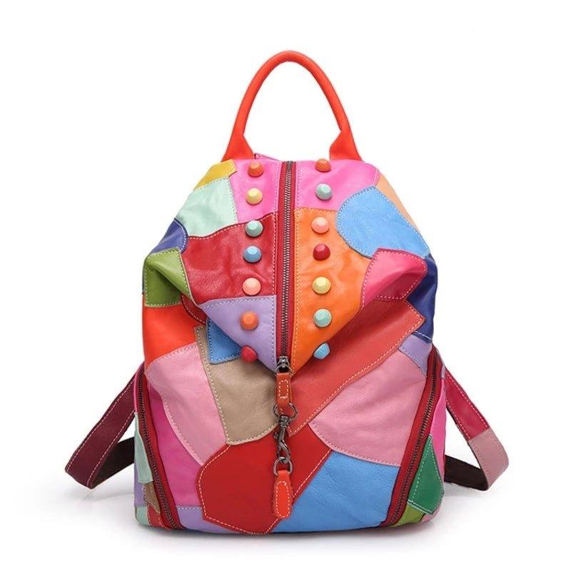 color block leather backpack Colorful Soft Leather Backpacks for Women, Black