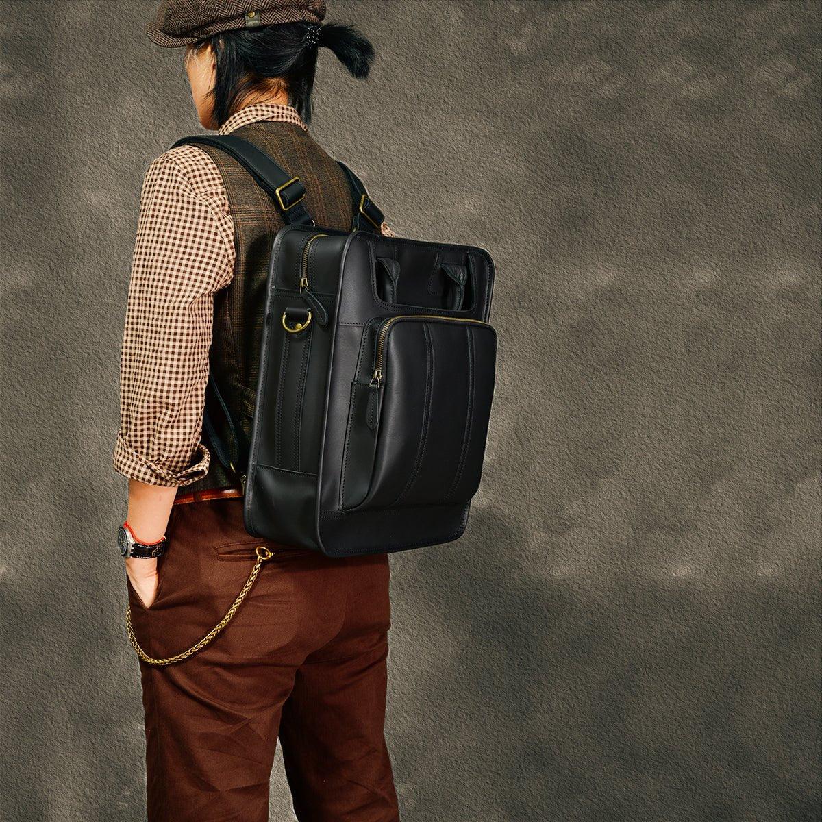 black leather backpack messenger bag ECOSUSI Laptop for Women, Satchel Fits 15.6 Inch Laptop Made in the USA using full Bowery Leather Laptop Backpack, Grizzly