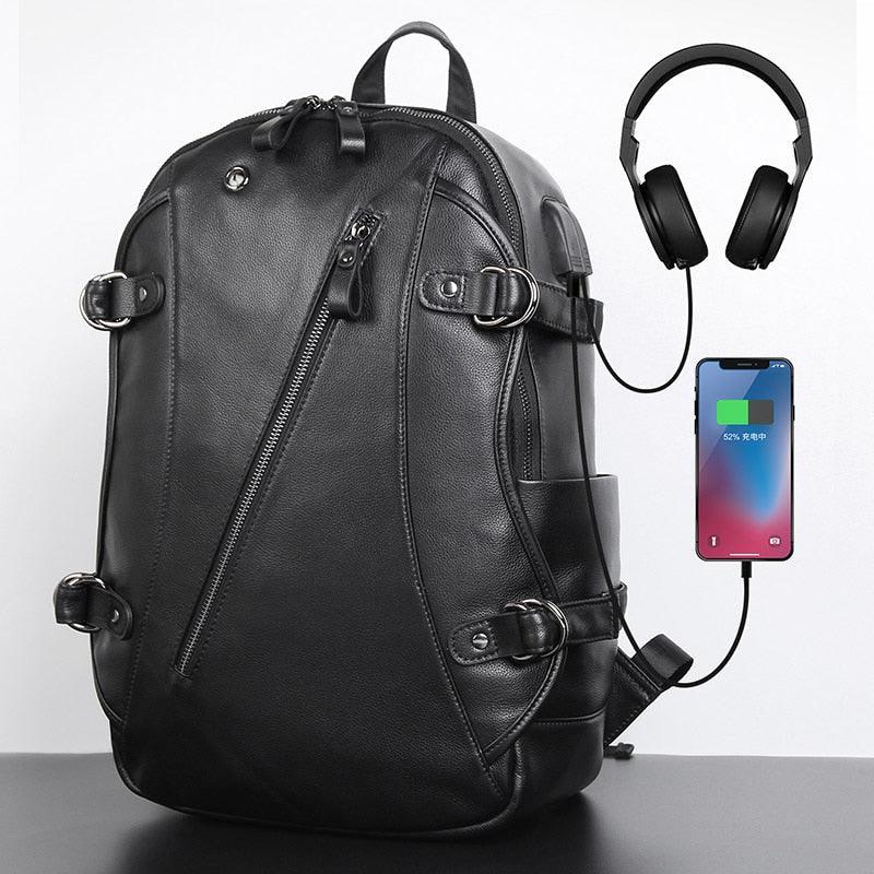 Mens Leather Backpacks for School with USB Port 15.6 Inches - Woosir