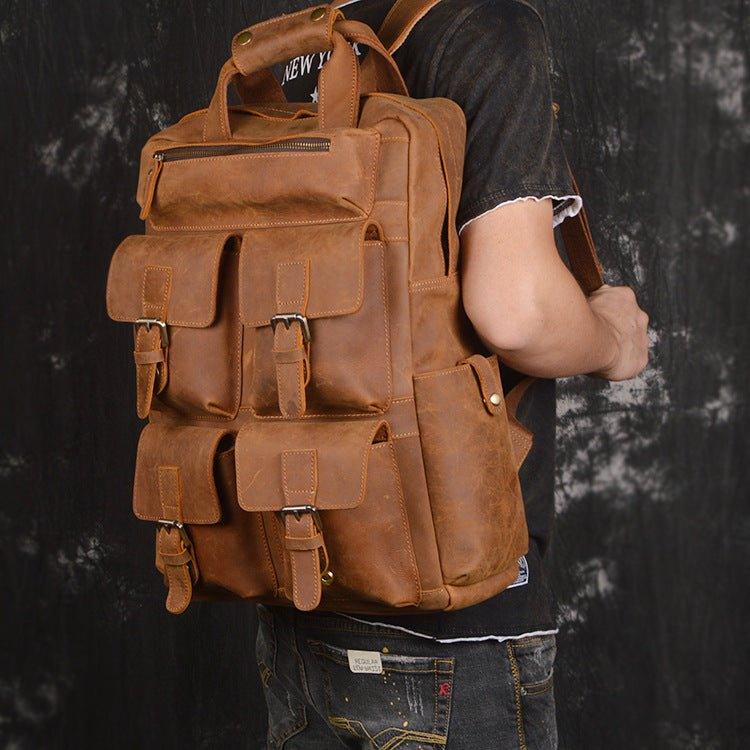 Mens Leather Backpack Laptop with Front Pockets - Woosir
