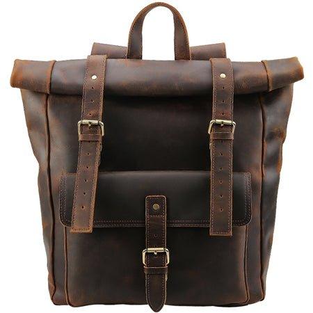 best leather backpack business travel Large Leather Roll Top Backpack Laptop 17"