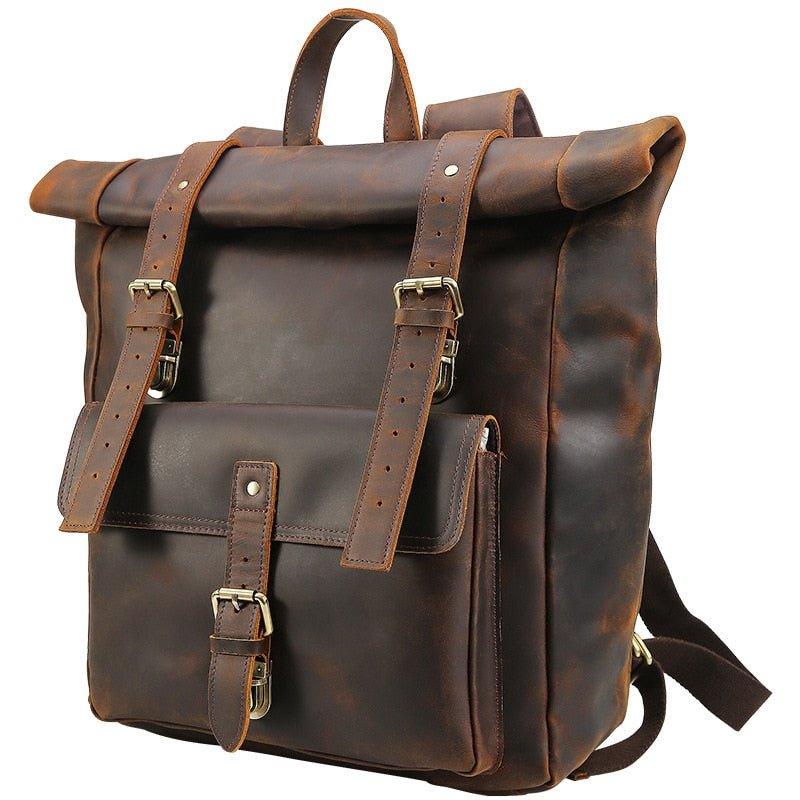 Large Leather Roll Top Backpack Laptop 17