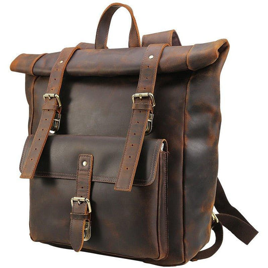 Large Leather Roll Top Backpack Laptop 17" - Woosir