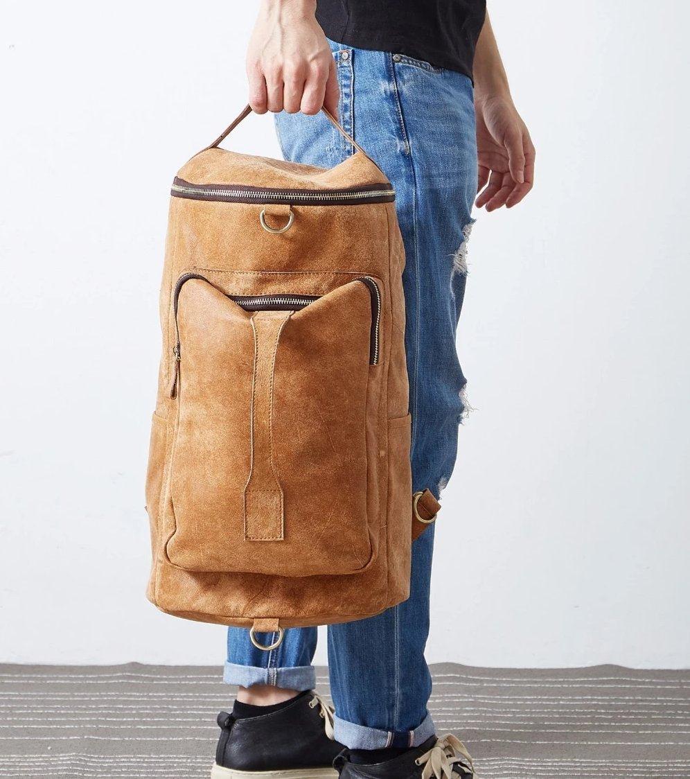 Mens Leather Cylindrical Backpack Large - Woosir