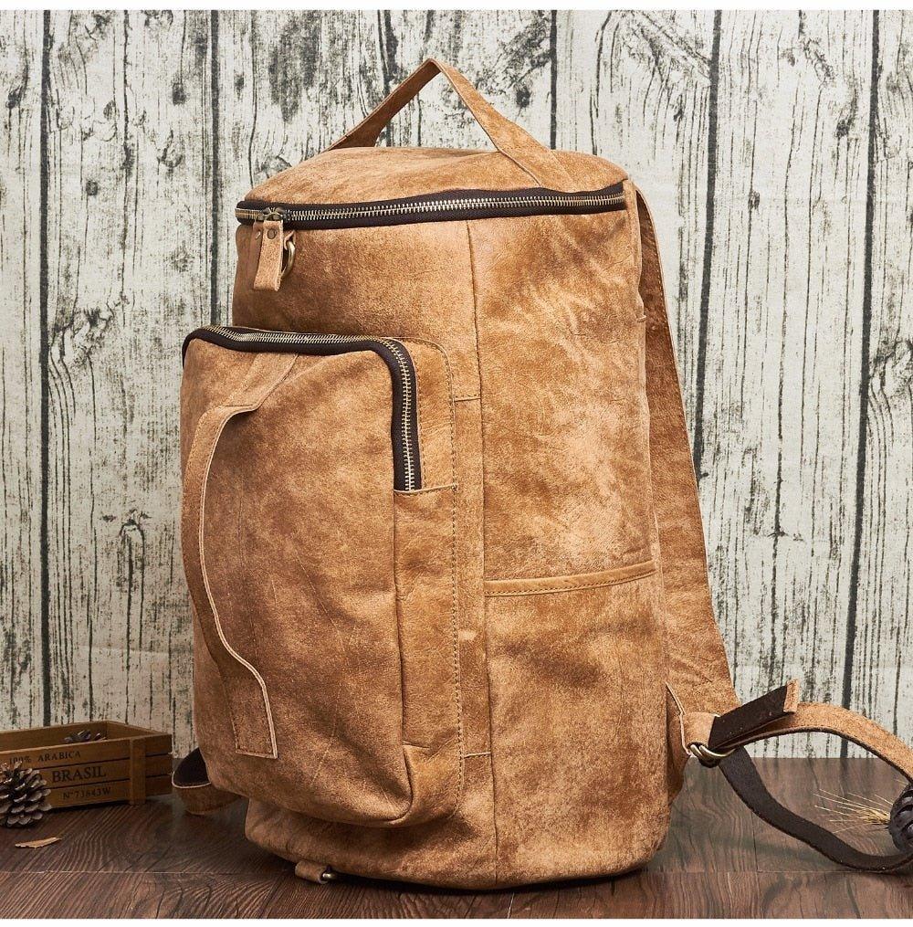 beige leather backpack men Mens Leather Cylindrical Backpack Large, Black