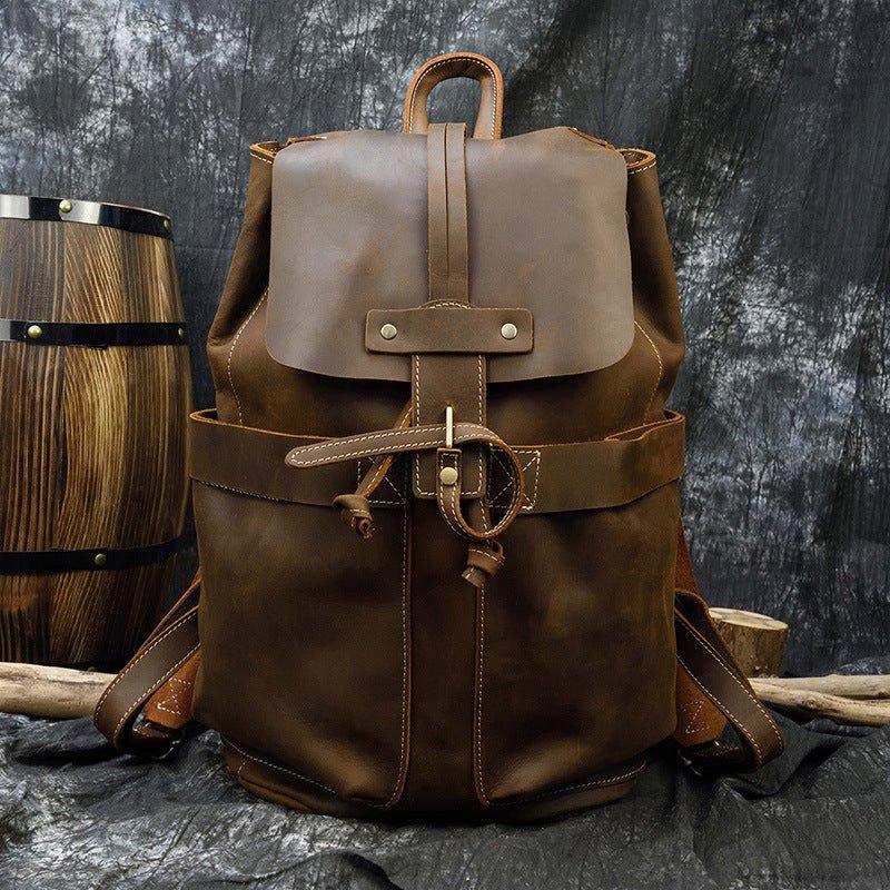Mens Vintage Leather Backpack Drawstring - Woosir