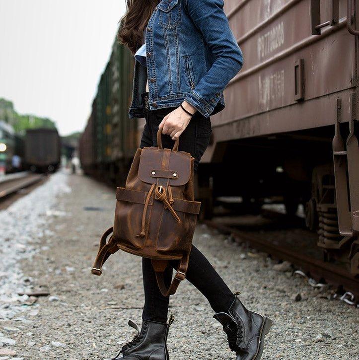 brown leather drawstring backpack Vintage Small Leather Backpack Drawstring, Dark Brown / L