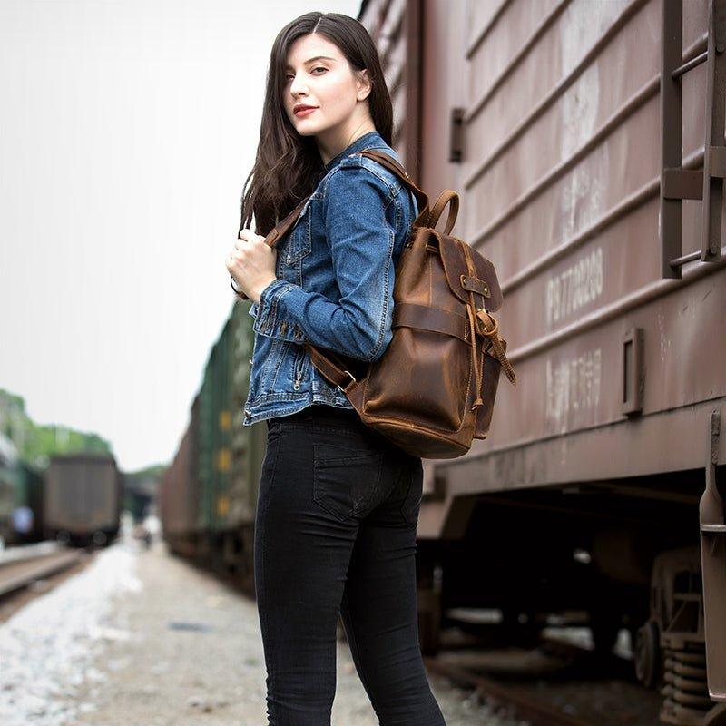 american apparel leather drawstring backpack Vintage Small Leather Backpack Drawstring, Dark Brown / L