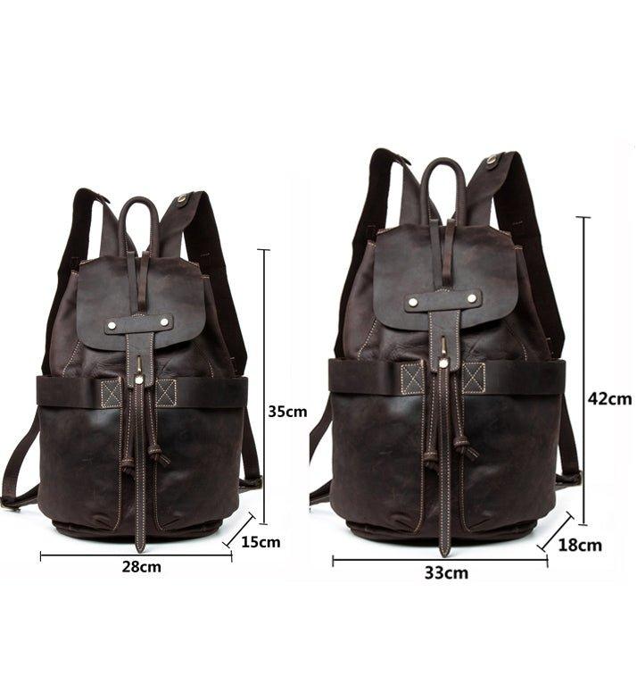 Vintage Small Leather Backpack Drawstring, Dark Brown / S