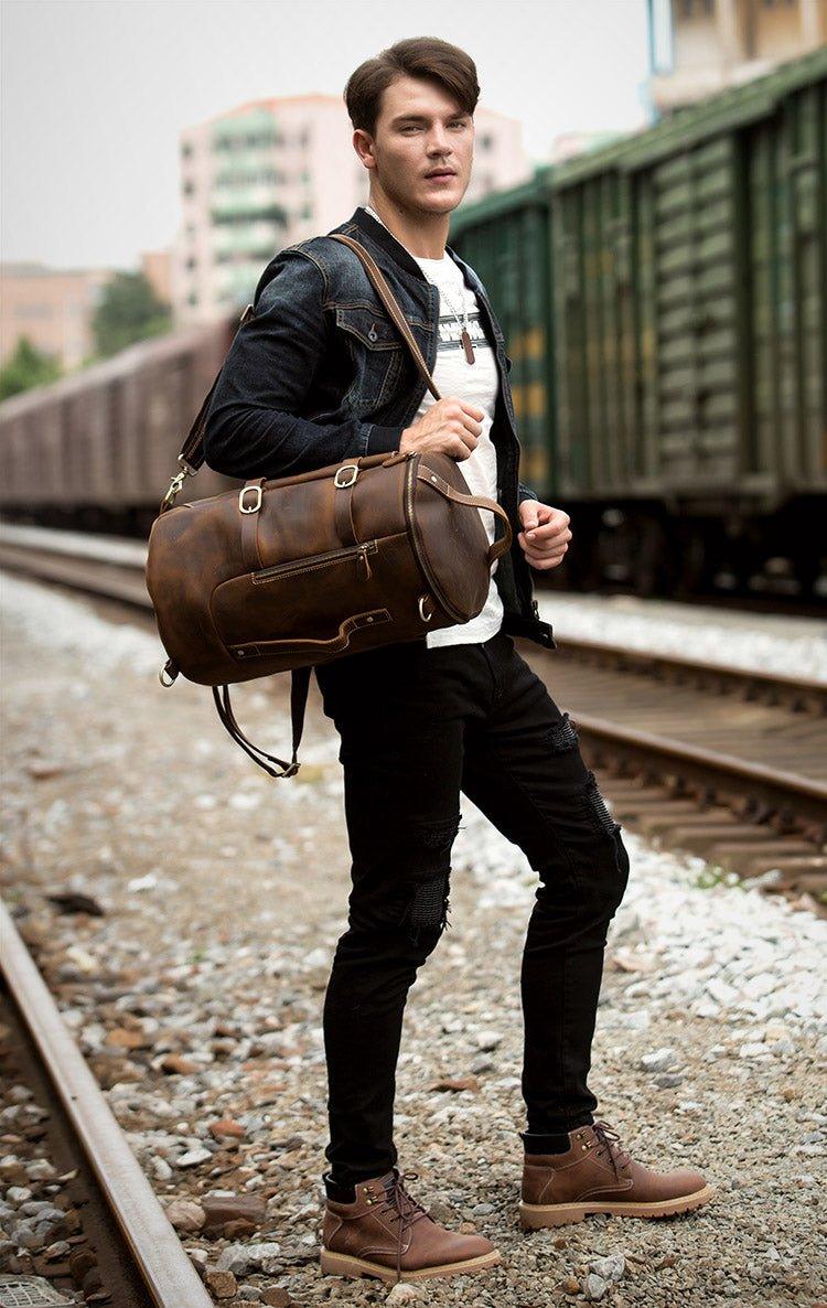 Woosir Leather Vintage Mens Backpack Large Barrel Shape Woosir Leather Vintage Mens Backpack Large Barrel Shape