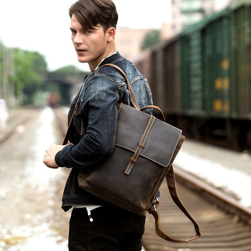 crazy horse men's leather backpack Woosir Handmade Vintage Backpacks Crazy Horse Leather, Brown