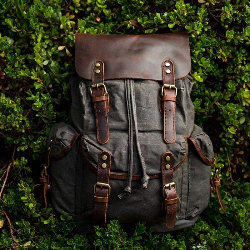 Large Leather and Canvas Backpack Rucksack - Woosir
