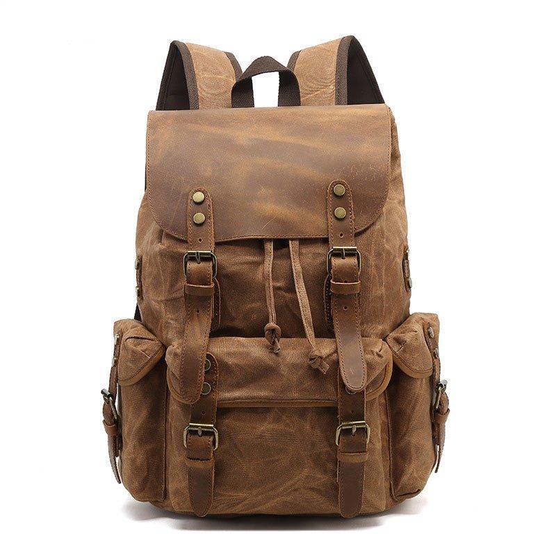 Large Leather and Canvas Backpack Rucksack, Khaki