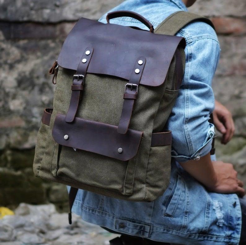 Leather Canvas Backpack 15.6 inch, Lake blue