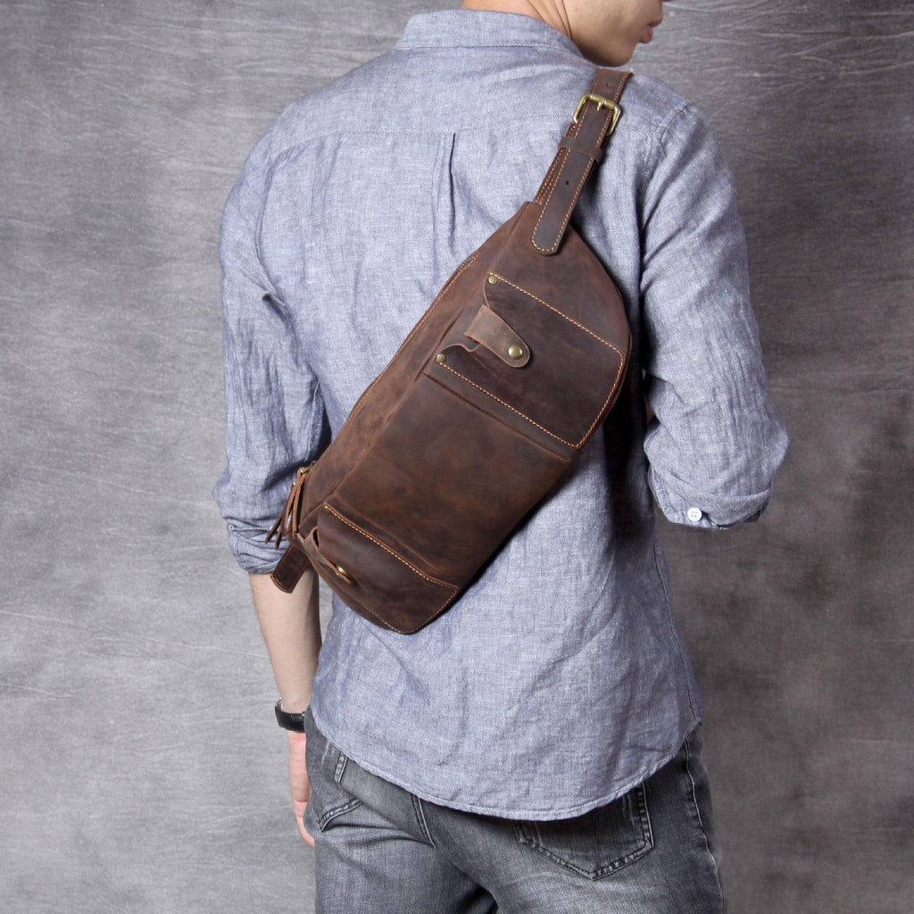 Mens Leather Crossbody Bag with Adjustable Belt - Woosir