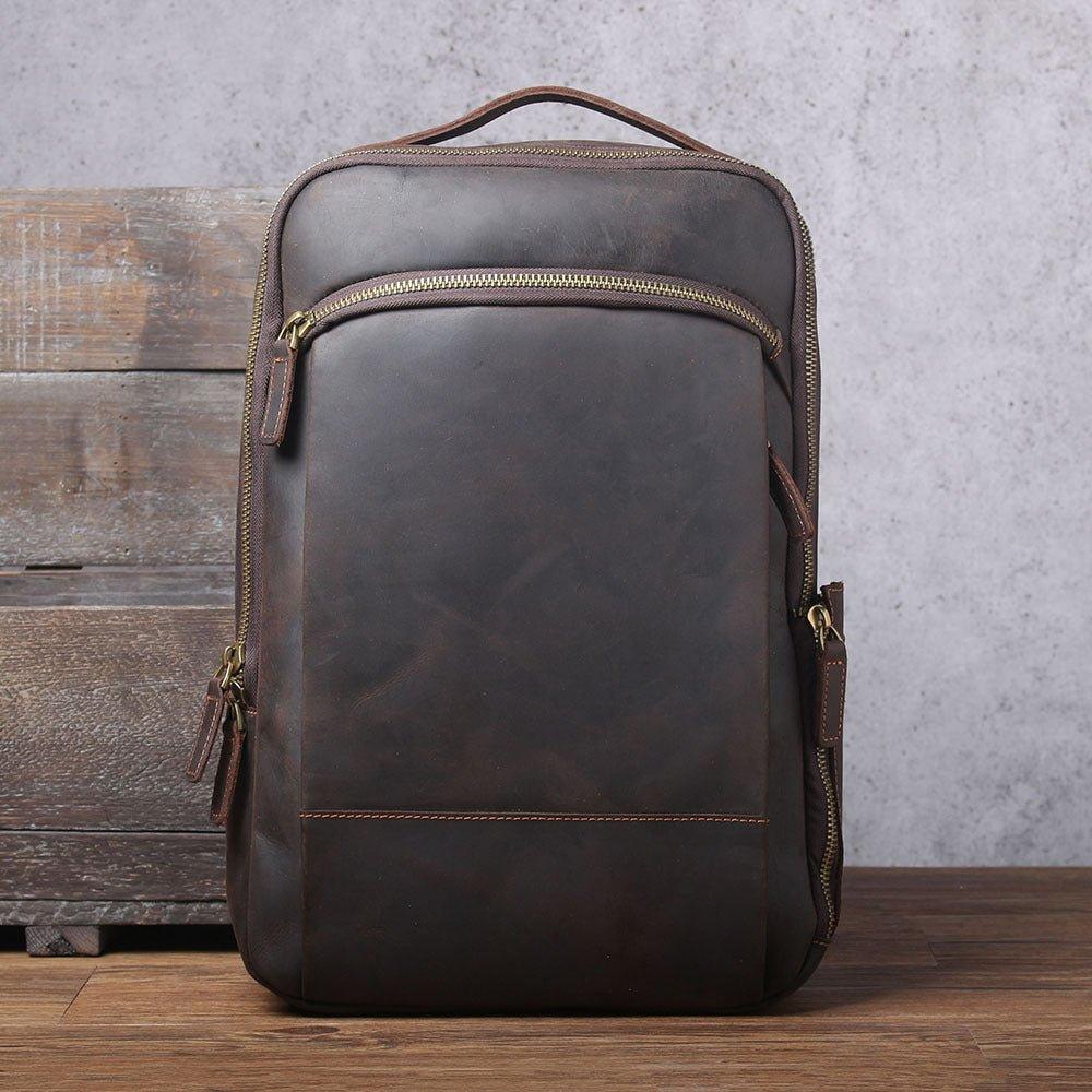 Vintage Mens Leather Backpack for Laptop, Dark Brown
