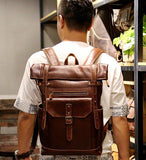 Mens Leather Backpack Vintage Roll Top with Front Pocket - Woosir