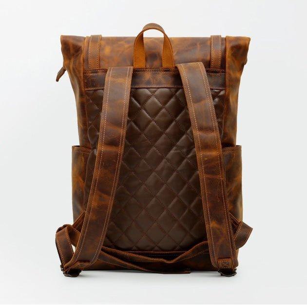 brown leather roll top backpack Mens Leather Backpack Vintage Roll Top with Front Pocket, Brown