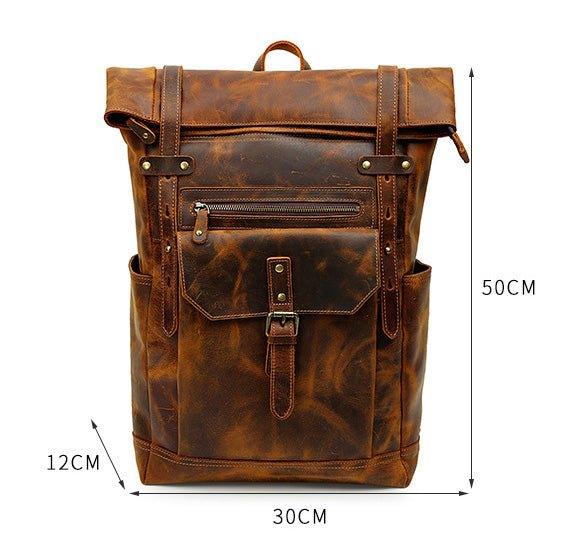 Mens Leather Backpack Vintage Roll Top with Front Pocket - Woosir