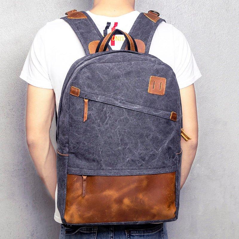 Men Canvas Backpack Schoolbag 14 Inch Laptop Bag, Black Men Canvas Backpack Schoolbag 14 Inch Laptop Bag, Black