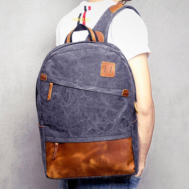 Men Canvas Backpack Schoolbag 14 Inch Laptop Bag, Black Men Canvas Backpack Schoolbag 14 Inch Laptop Bag, Black