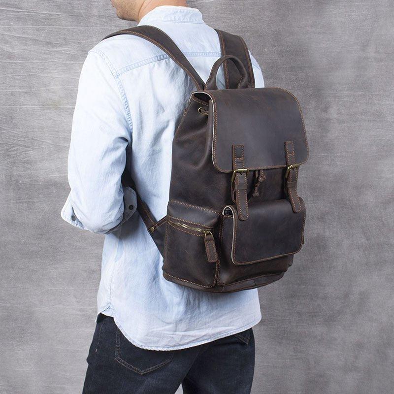 Real leather Backpack Vintage Drawstring, Brown