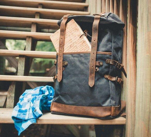 canvas leather vintage backpack Mens Vintage Waxed Canvas Backpack Leather, Black
