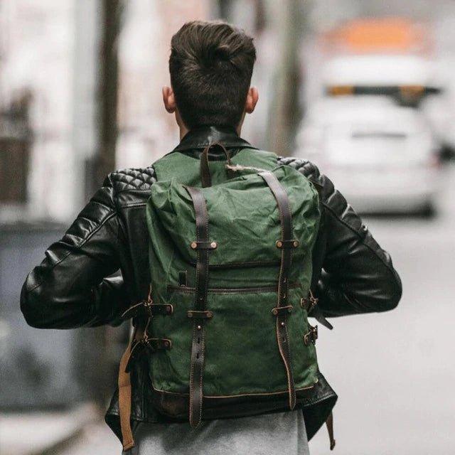 black leather jacket green backpack Trolley Mens Vintage Waxed Canvas Backpack