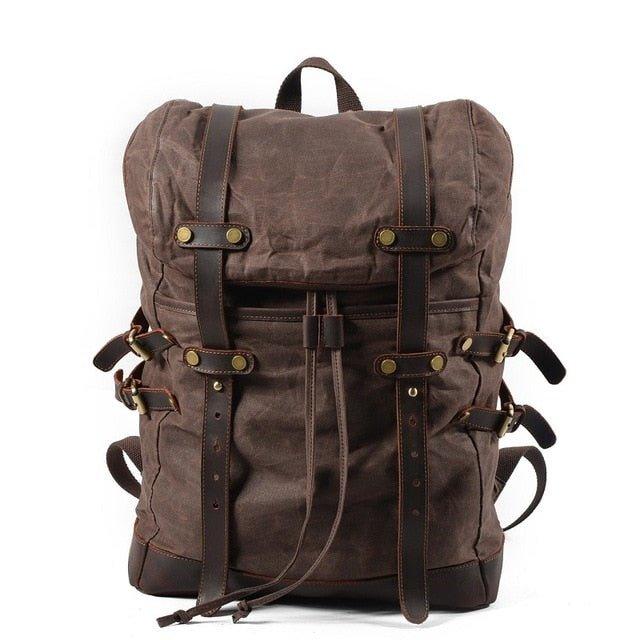 Mens Vintage Waxed Canvas Backpack Leather, Dark brown
